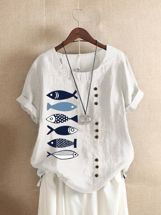 Button Cartoon Fish Print Short Sleeve Casual Blouse