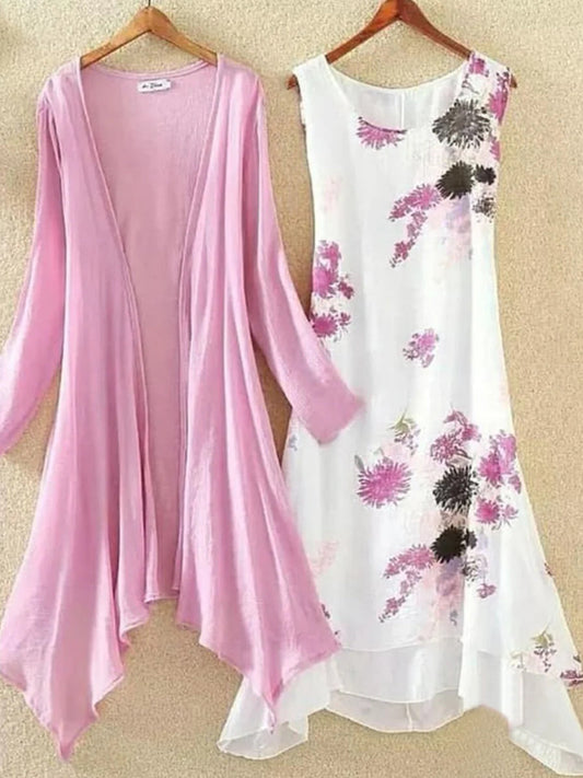 Pink Floral Print Midi Dress With Outerwear