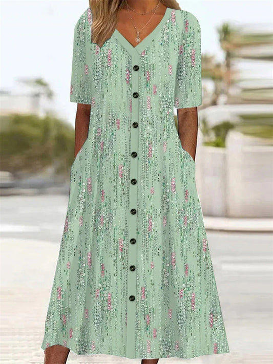 Women's Short Sleeve Floral Printed V Neck Midi Dress