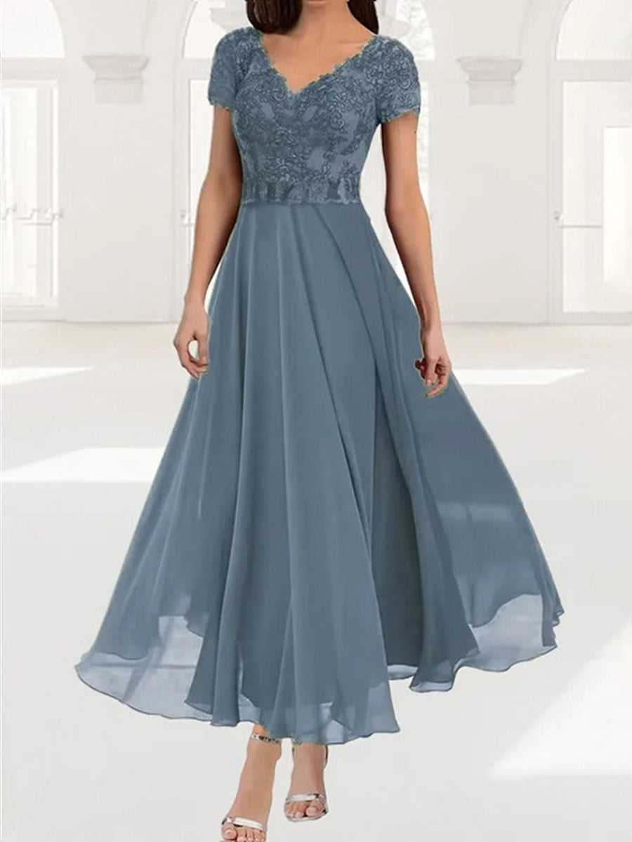 Elegant Plain Lace V-neck Short Sleeve Comfy Dress