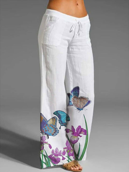 Women's White Wide-Leg Pants with Butterfly & Floral Print