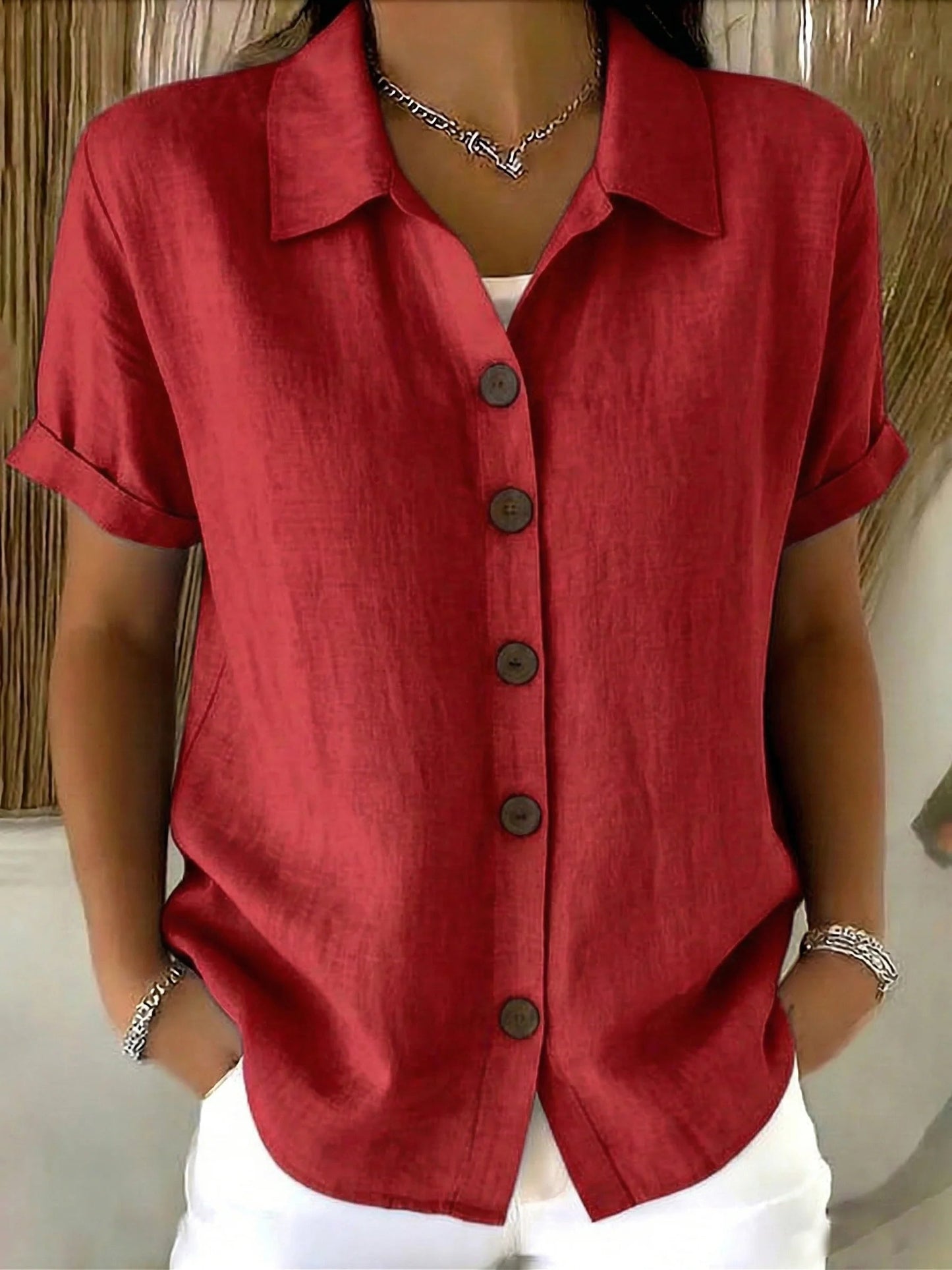Basic Button Up Linen Cotton Short Sleeve Casual Shirt