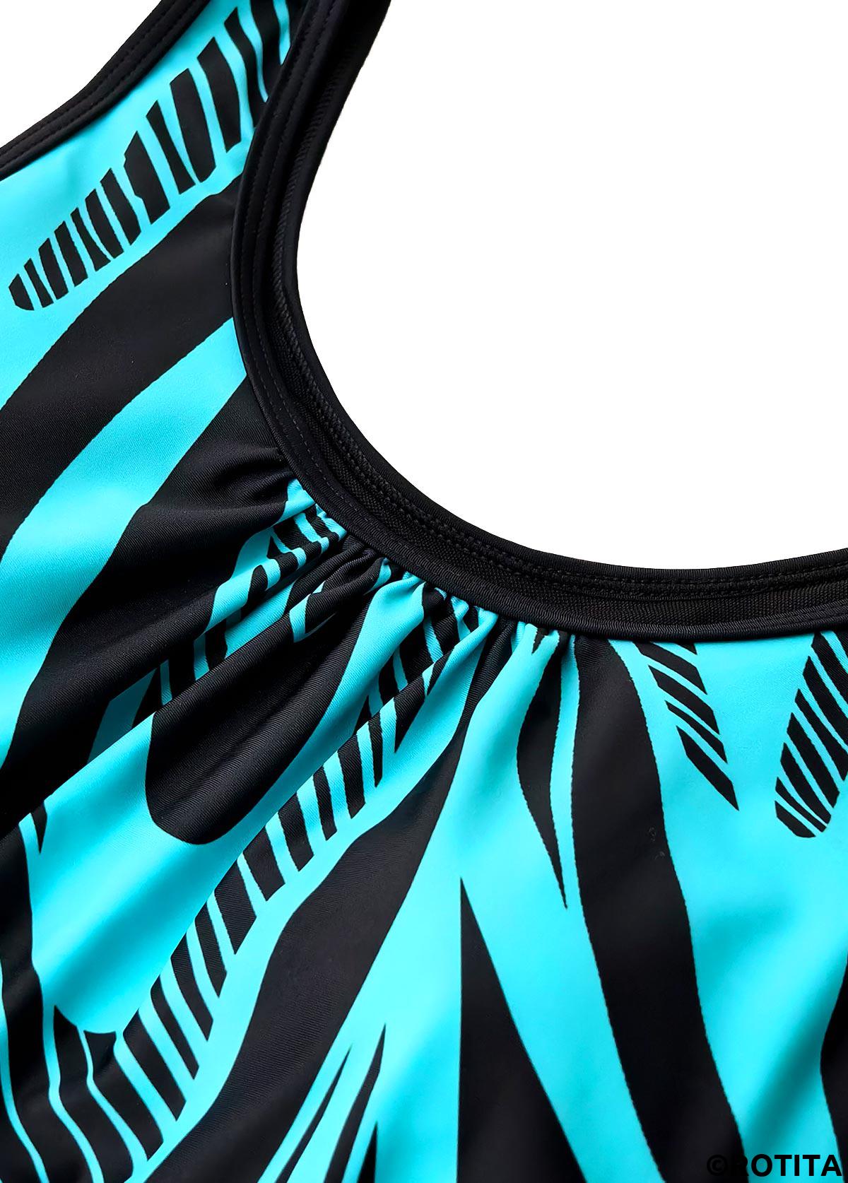 ROTITA Tummy Coverage Cyan Geometric Print Mid Waisted Tankini Set