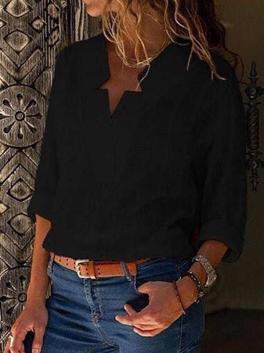 Sexy V Neck Pure Color Long Sleeve Blouse