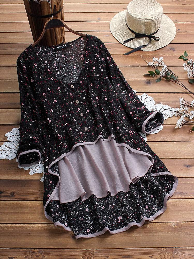 Floral Print Patchwork Long Sleeve Blouse