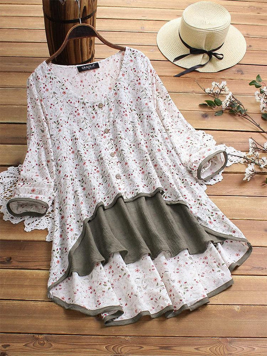 Floral Print Patchwork Long Sleeve Blouse