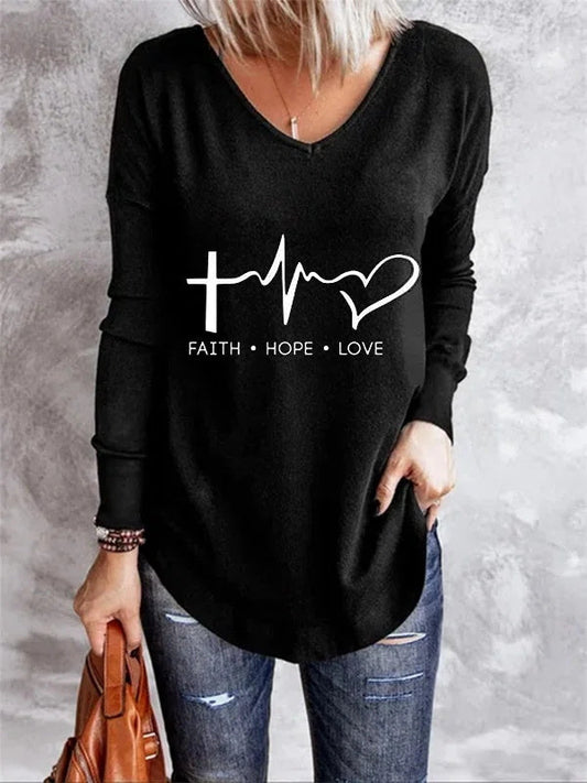 Long Sleeve Letter V Neck Casual Tshirt