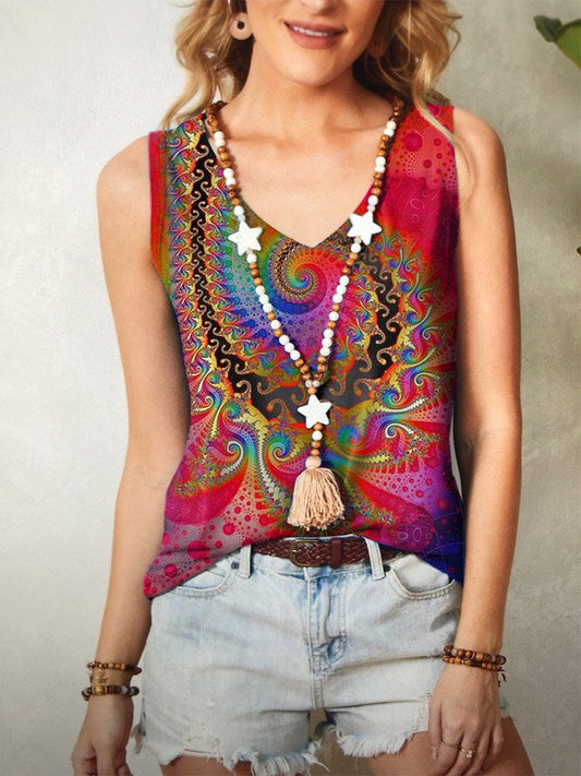 Bohemian Print V-neck Casual Tank Top For Women