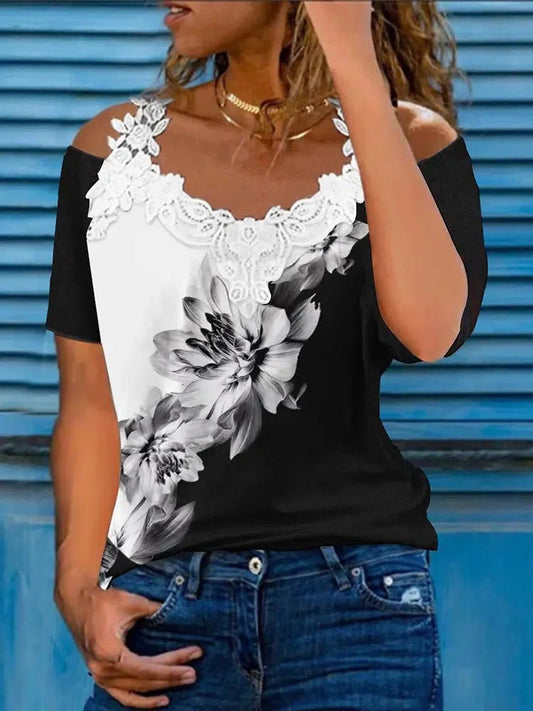 V Neck Lace Casual Floral Print Colorblock Contrast Cold Shoulder