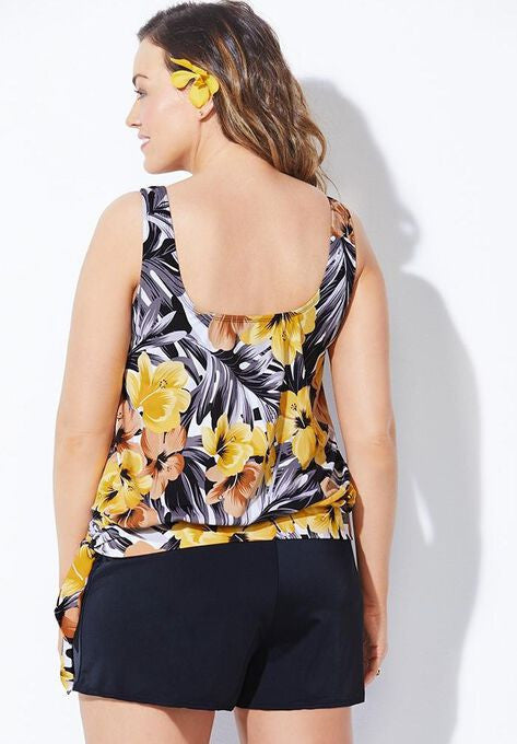 EVERLASTING FLORAL SIDE TIE BLOUSON TANKINI WITH CARGO SHORT