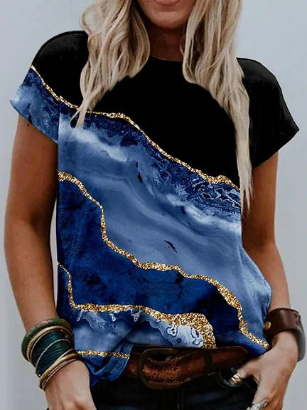 Marbling Print Crew Neck Short Sleeves Tshirt