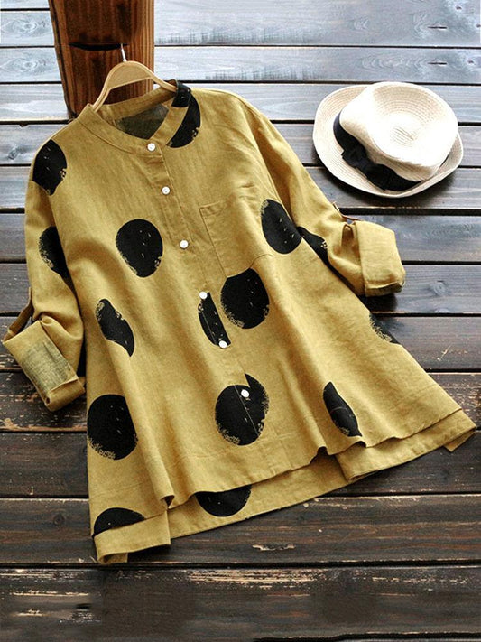 Casual Polka Dot Irregular Long Sleeve Stand Collar Women Blouses