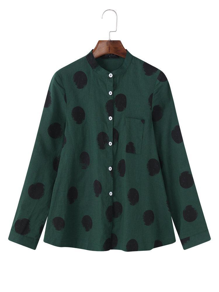 Casual Polka Dot Irregular Long Sleeve Stand Collar Women Blouses