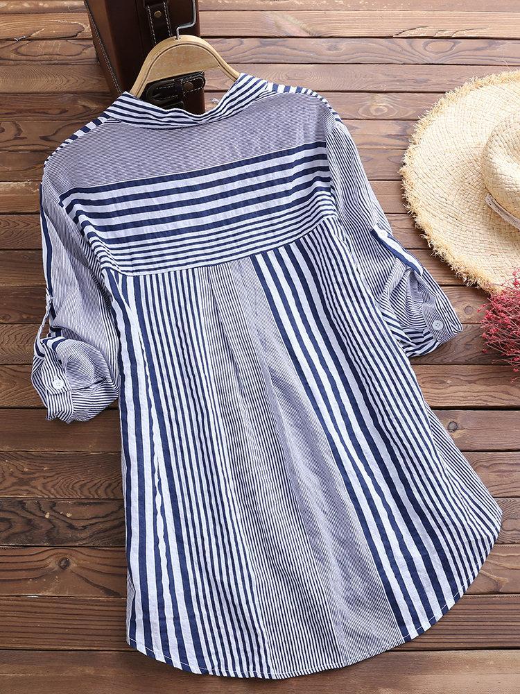 Patchwork Stripe Print Stand Collar Irregular Casual Shirts