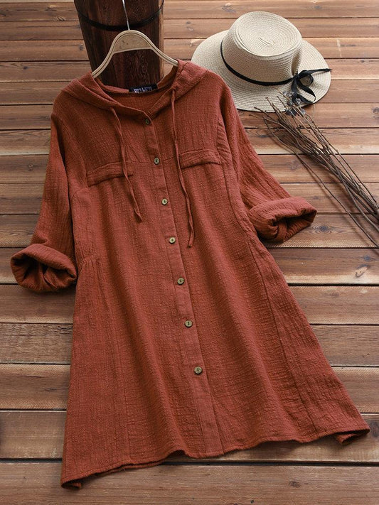 Solid Color Drawstring Hooded Long Sleeve Blouse