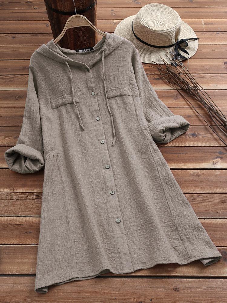 Solid Color Drawstring Hooded Long Sleeve Blouse