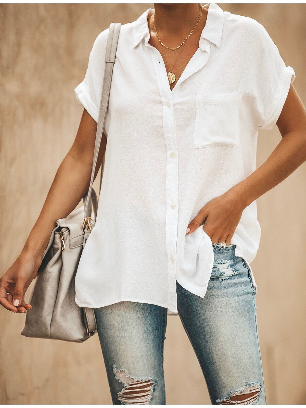 Relaxed Fit Collared Short Sleeve BUTTON DOWN Blouse