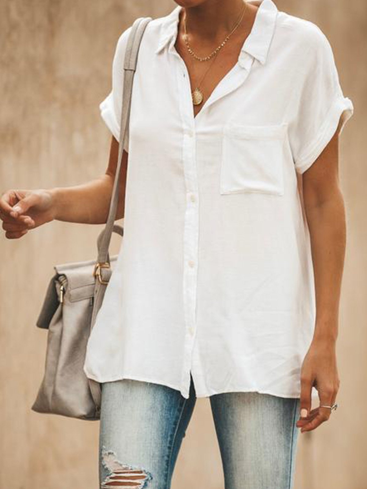 Relaxed Fit Collared Short Sleeve BUTTON DOWN Blouse