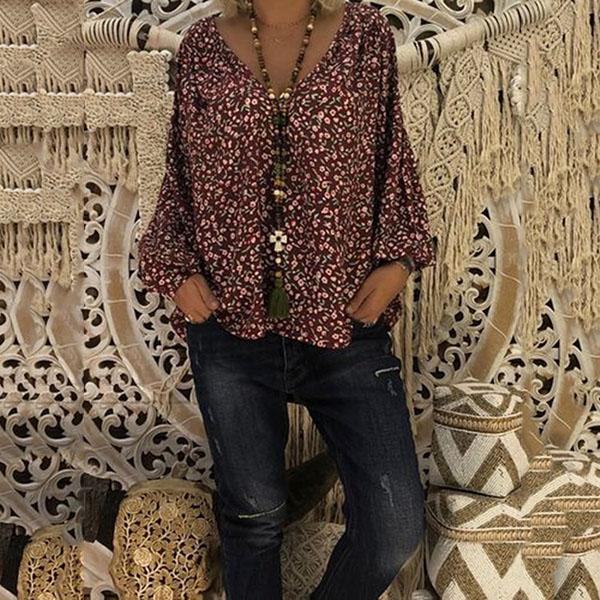 V Neck Flower Printed Loose Blouse