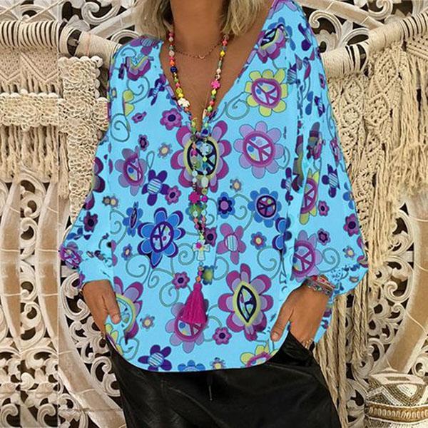 V Neck Flower Printed Loose Blouse