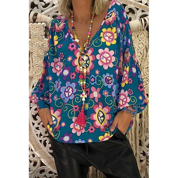 V Neck Flower Printed Loose Blouse