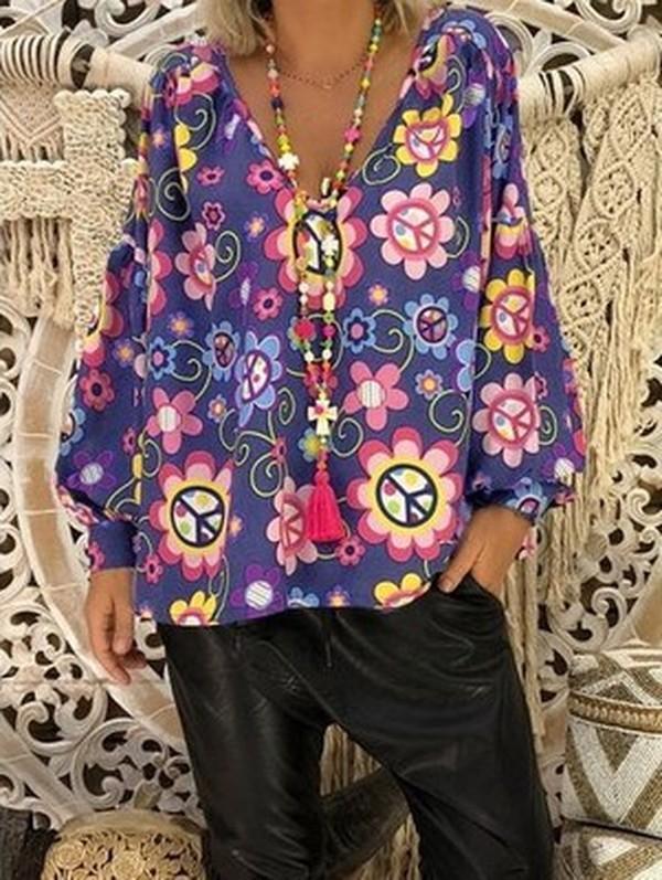 V Neck Flower Printed Loose Blouse