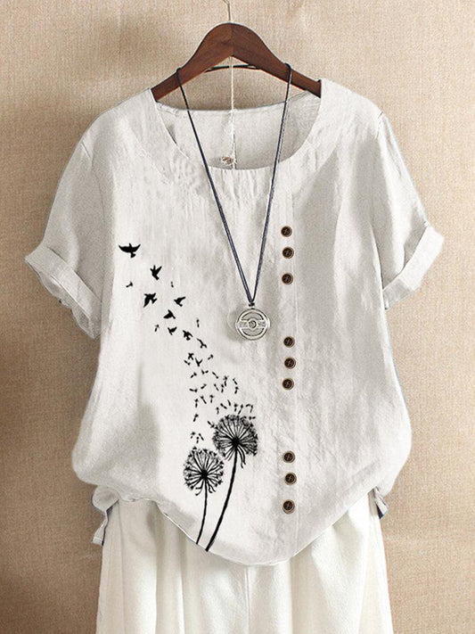 Flower Birds Print Short Sleeve Button T-shirt