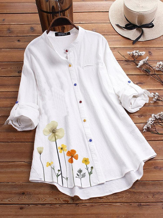 Flower Print Colorful Button Long Sleeve Shirt For Women