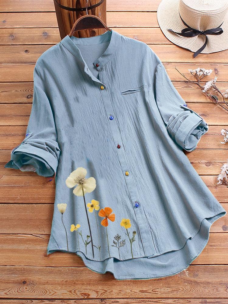 Flower Print Colorful Button Long Sleeve Shirt For Women