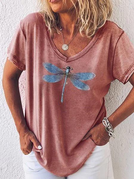 Dragonfly Printed Casual Cotton V Neck Short Sleeve Shirt & Top