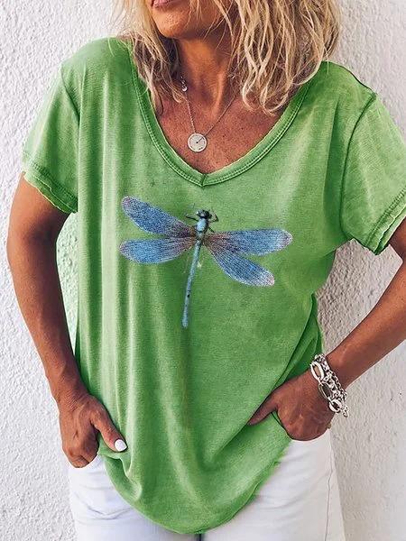 Dragonfly Printed Casual Cotton V Neck Short Sleeve Shirt & Top