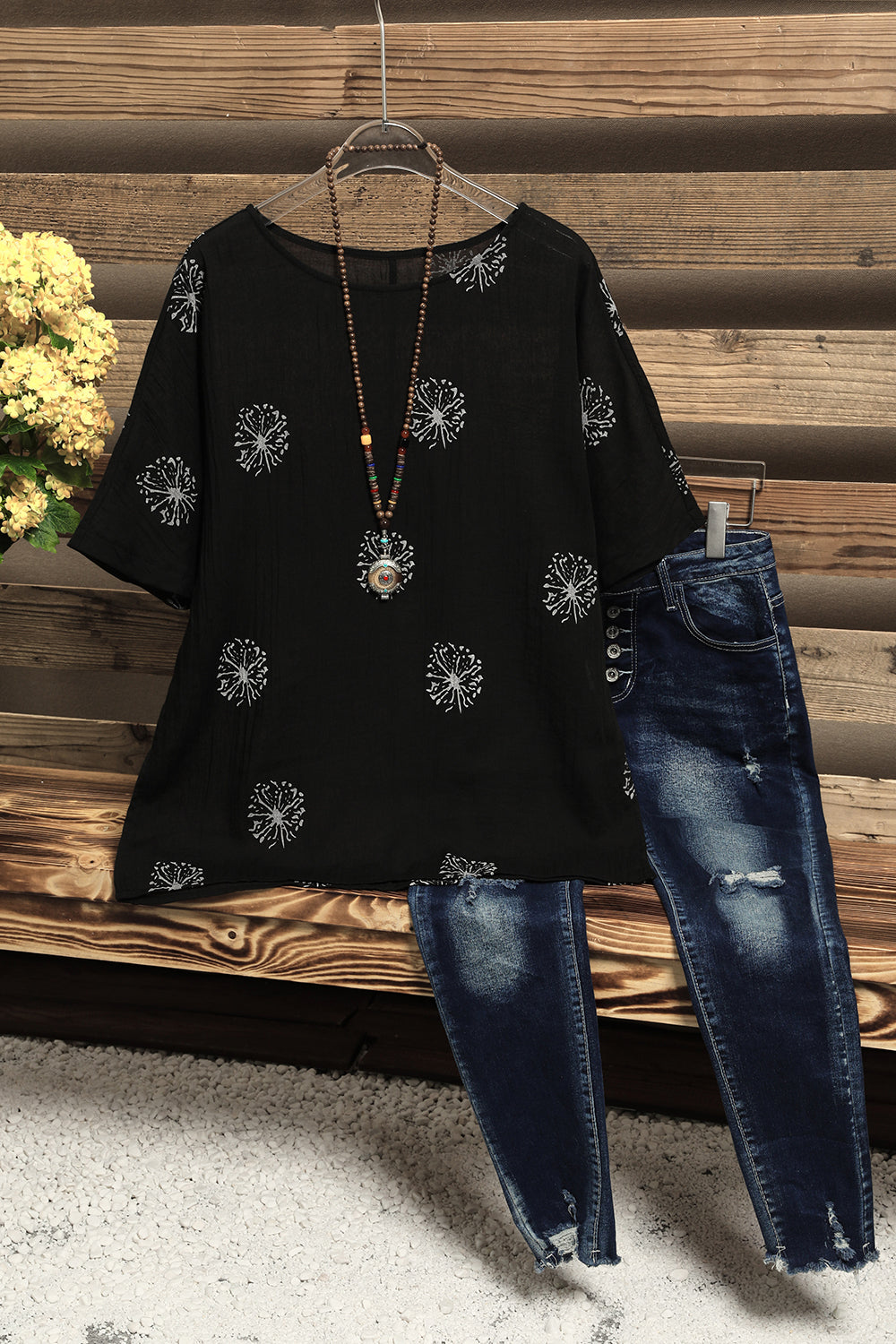 Summer Printed Short Sleeve Big Round Neck Loose Shirt Top