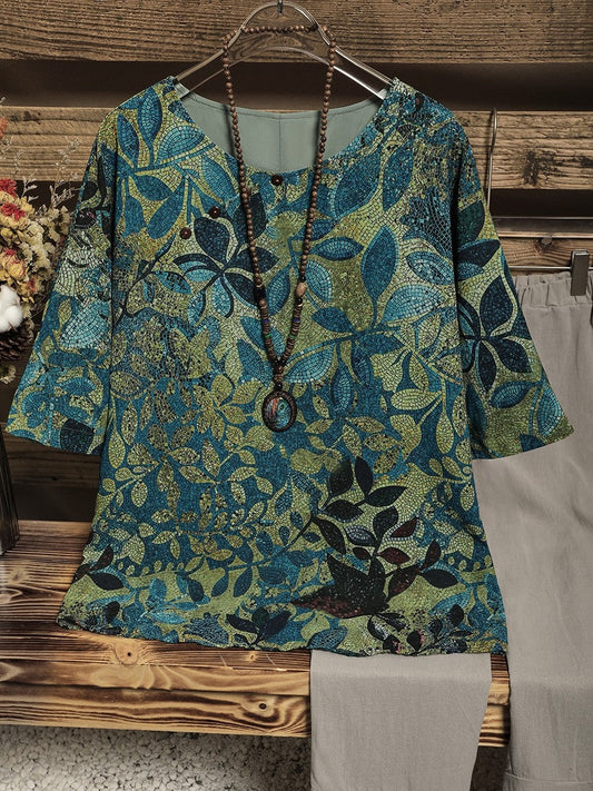 Round Neck Bronzing Leaf Print Casual Blouse