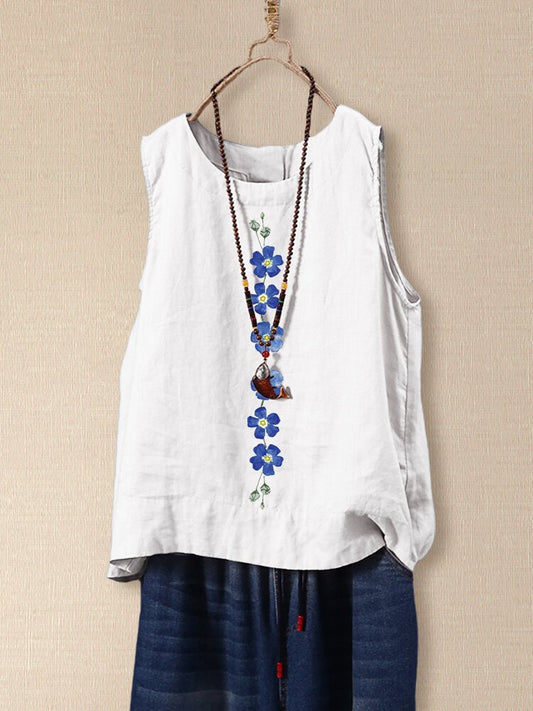 Flower Printed Sleeveless Loose O neck Tank Top