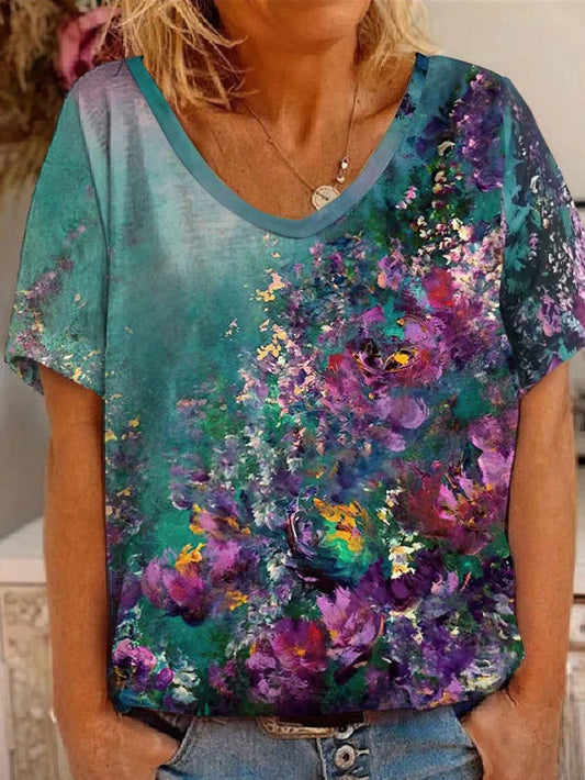 V Neck Floral Casual T-Shirt