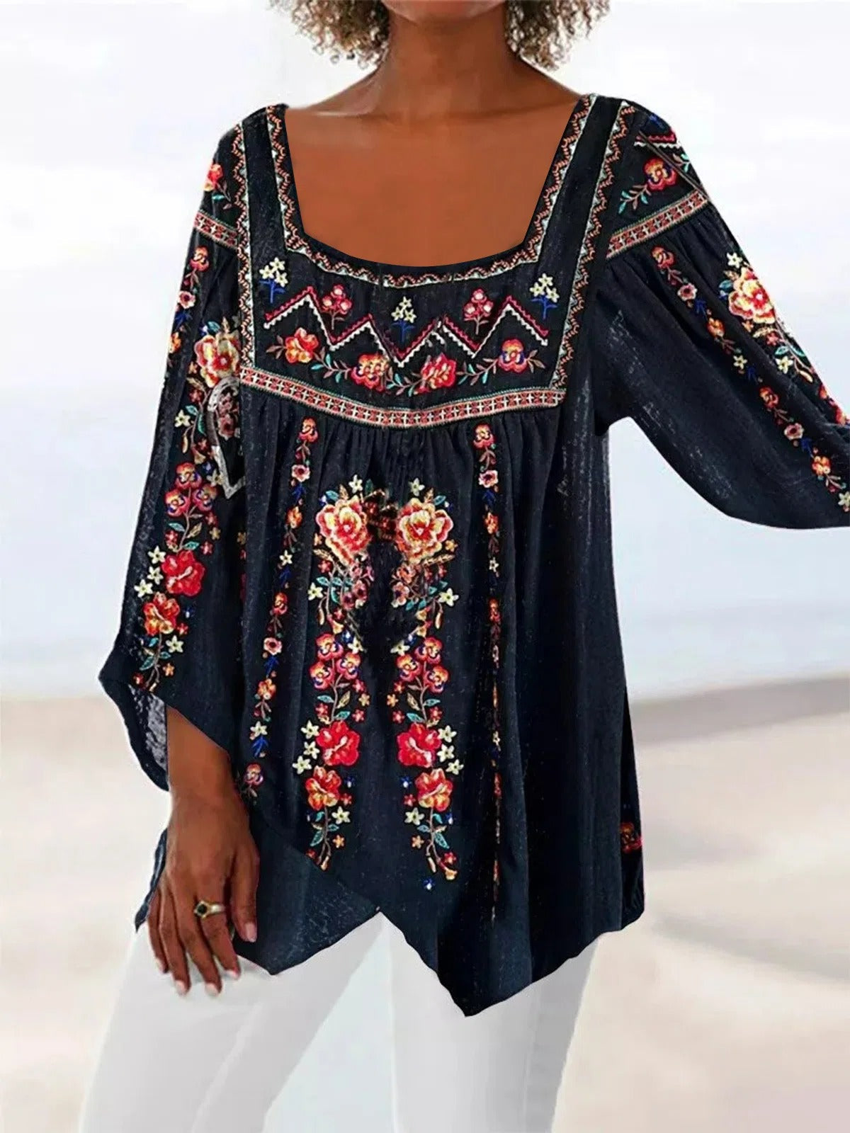 Square Neck Tribal Ruched Three Quarter Vacation Tops