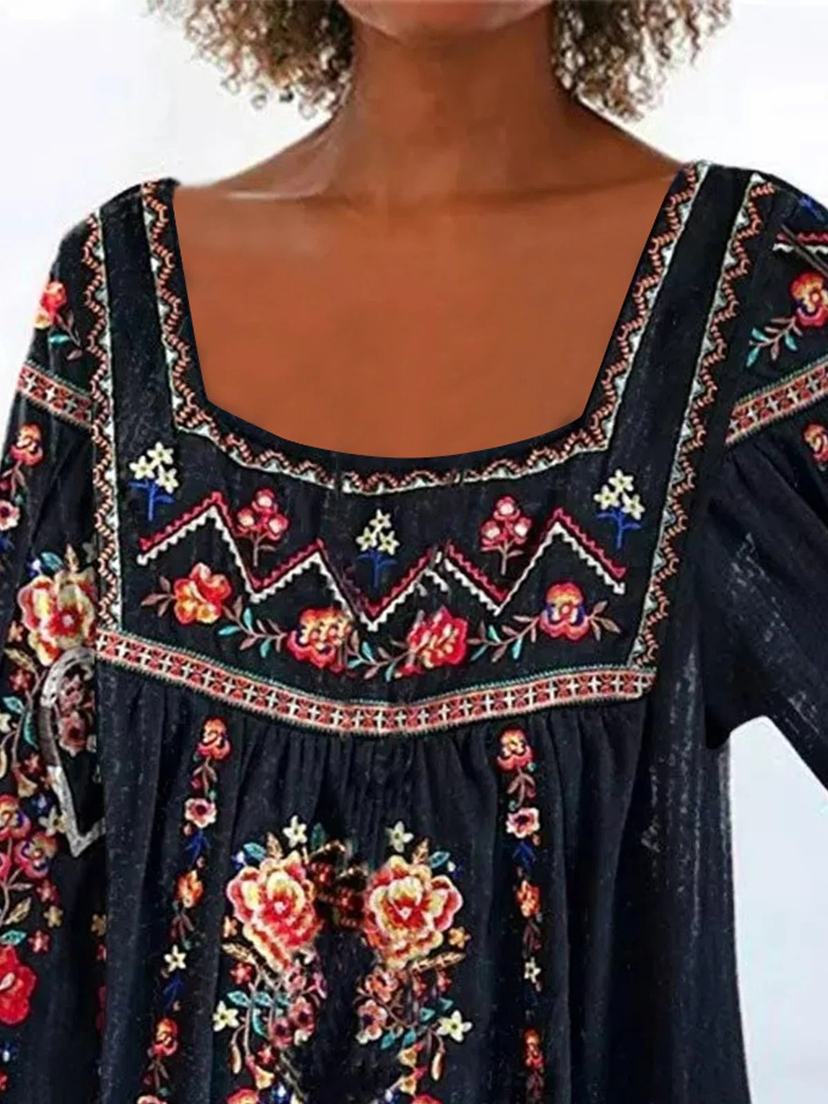 Square Neck Tribal Ruched Three Quarter Vacation Tops