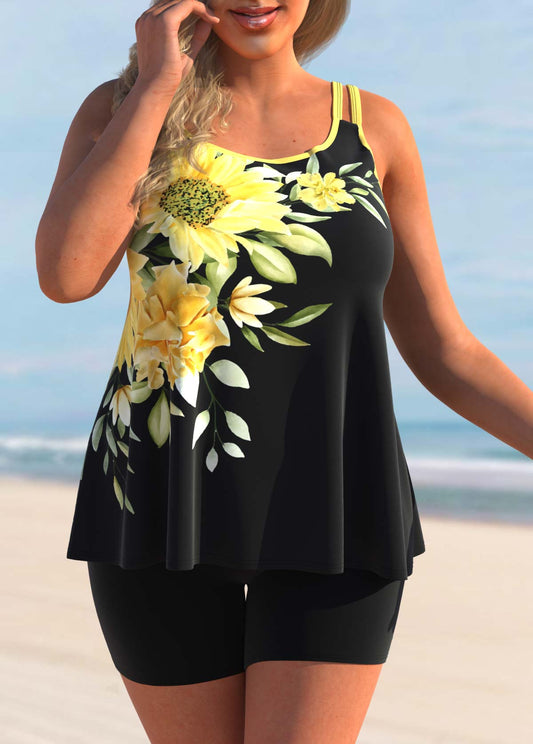 Sunflower Print Plus Size Yellow Tankini Set