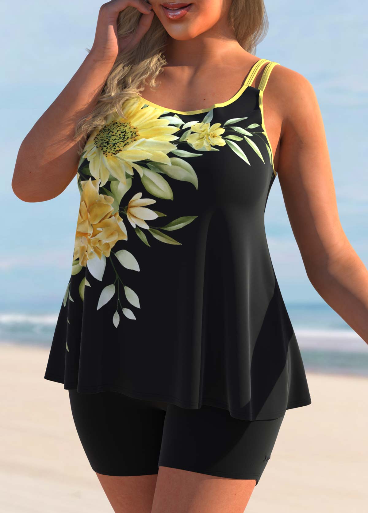 Sunflower Print Plus Size Yellow Tankini Set