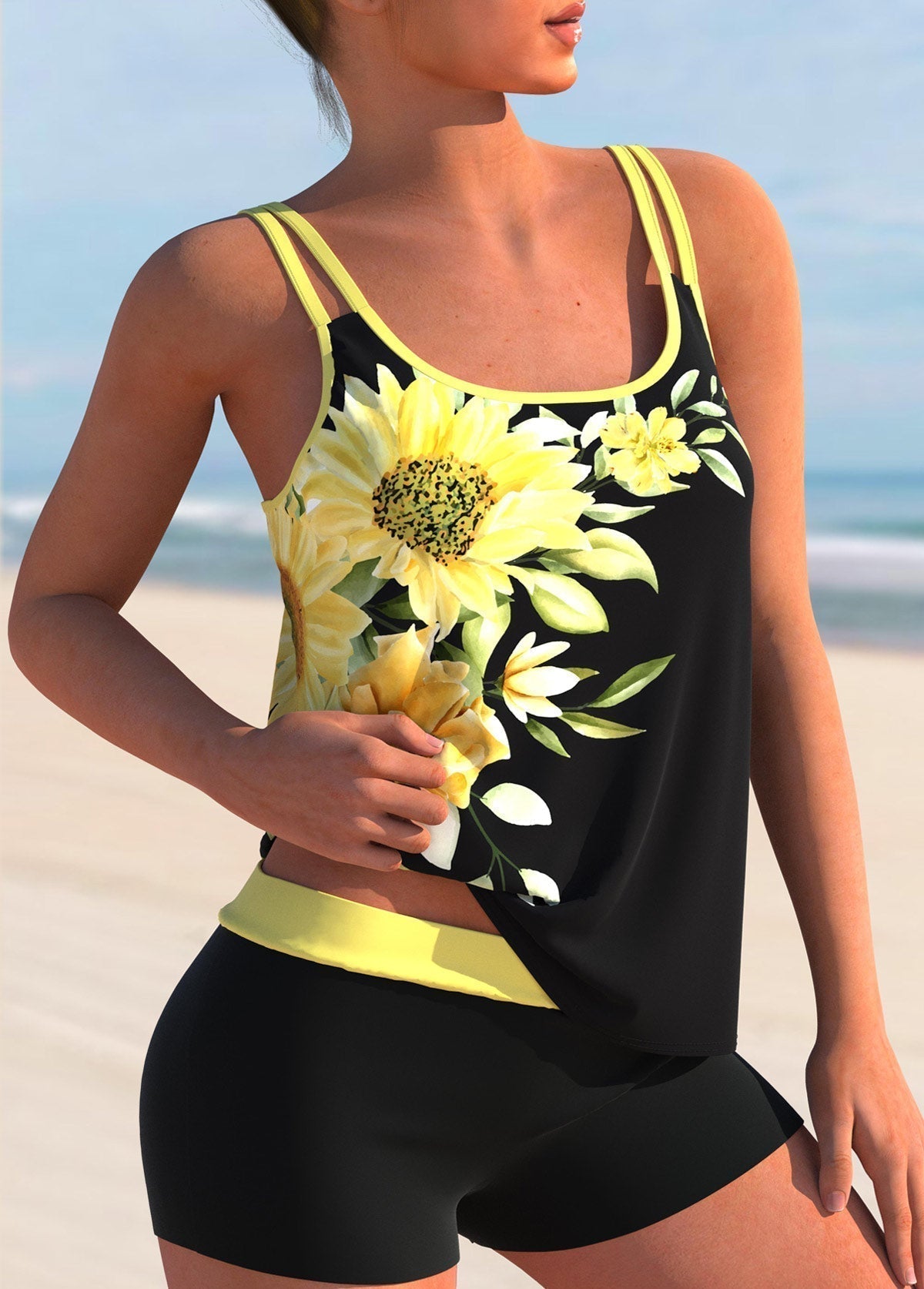 Sunflower Print Plus Size Yellow Tankini Set