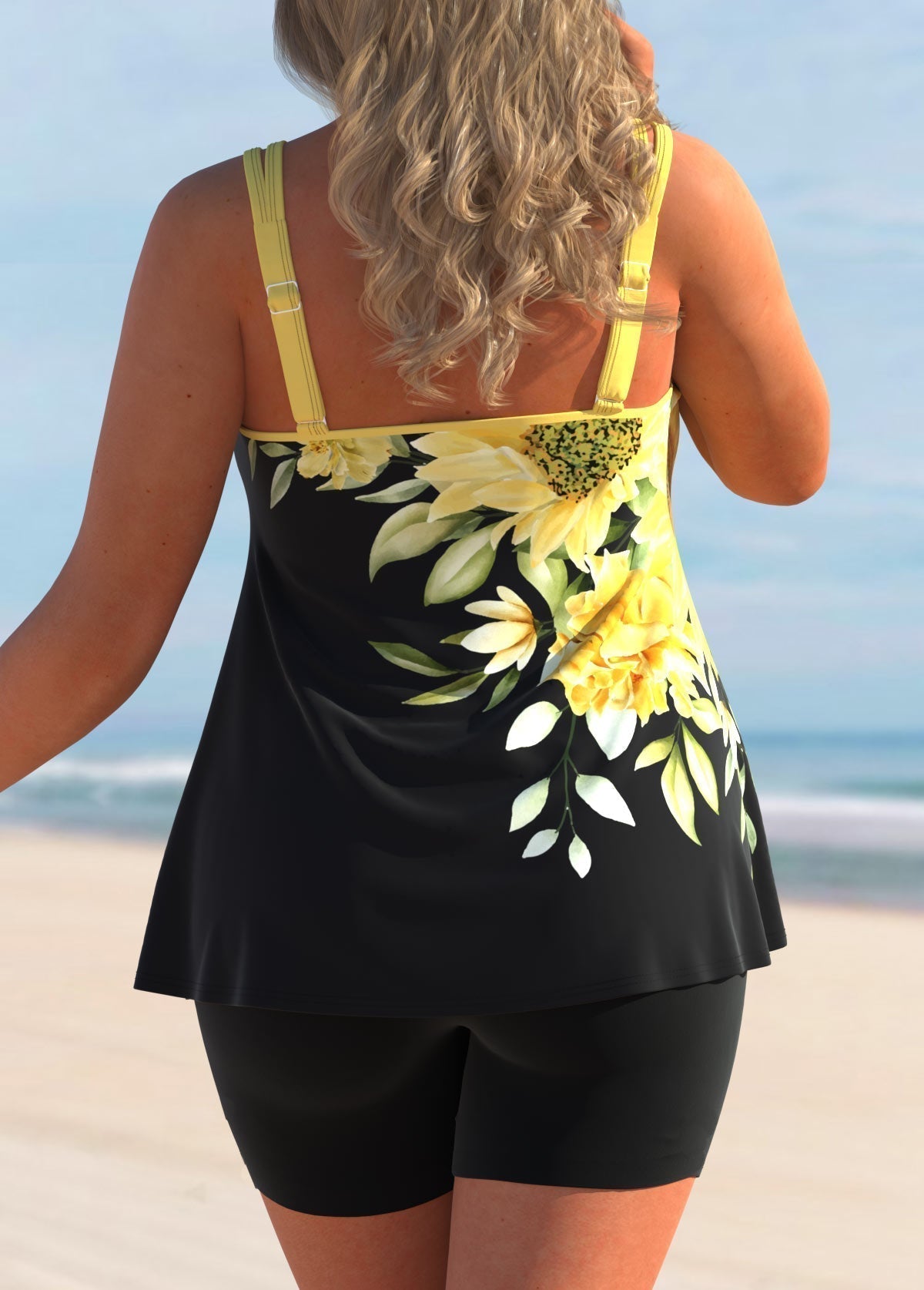 Sunflower Print Plus Size Yellow Tankini Set