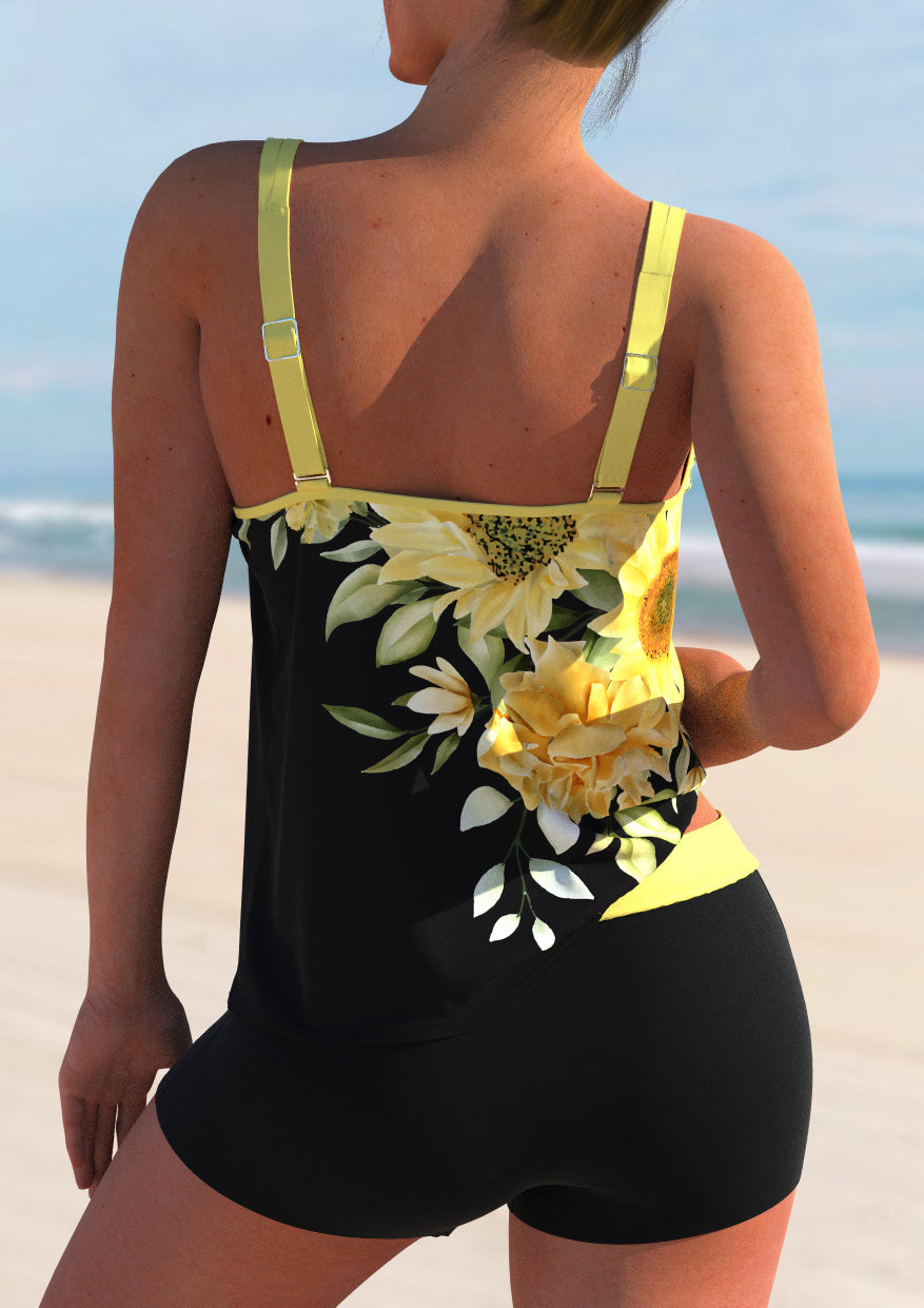 Sunflower Print Plus Size Yellow Tankini Set