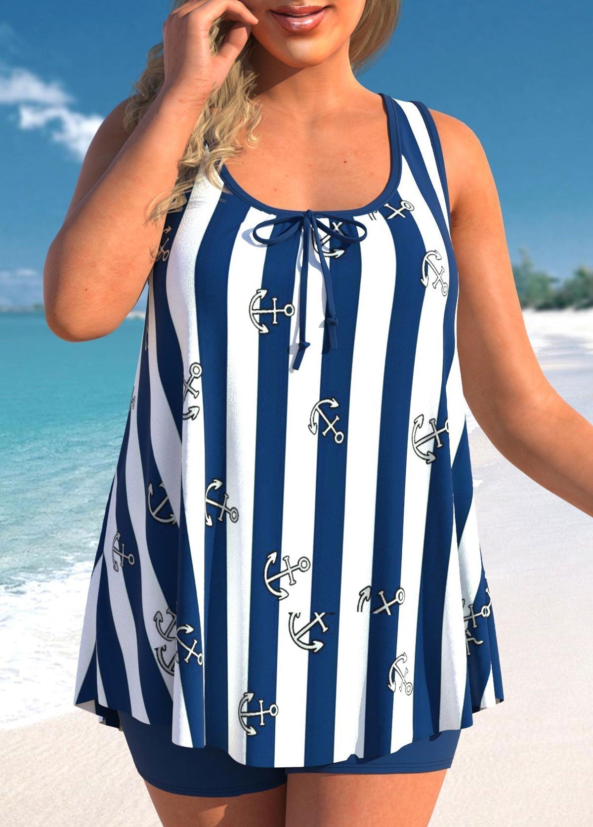 Striped Navy Blue Bowknot Plus Size Tankini Set