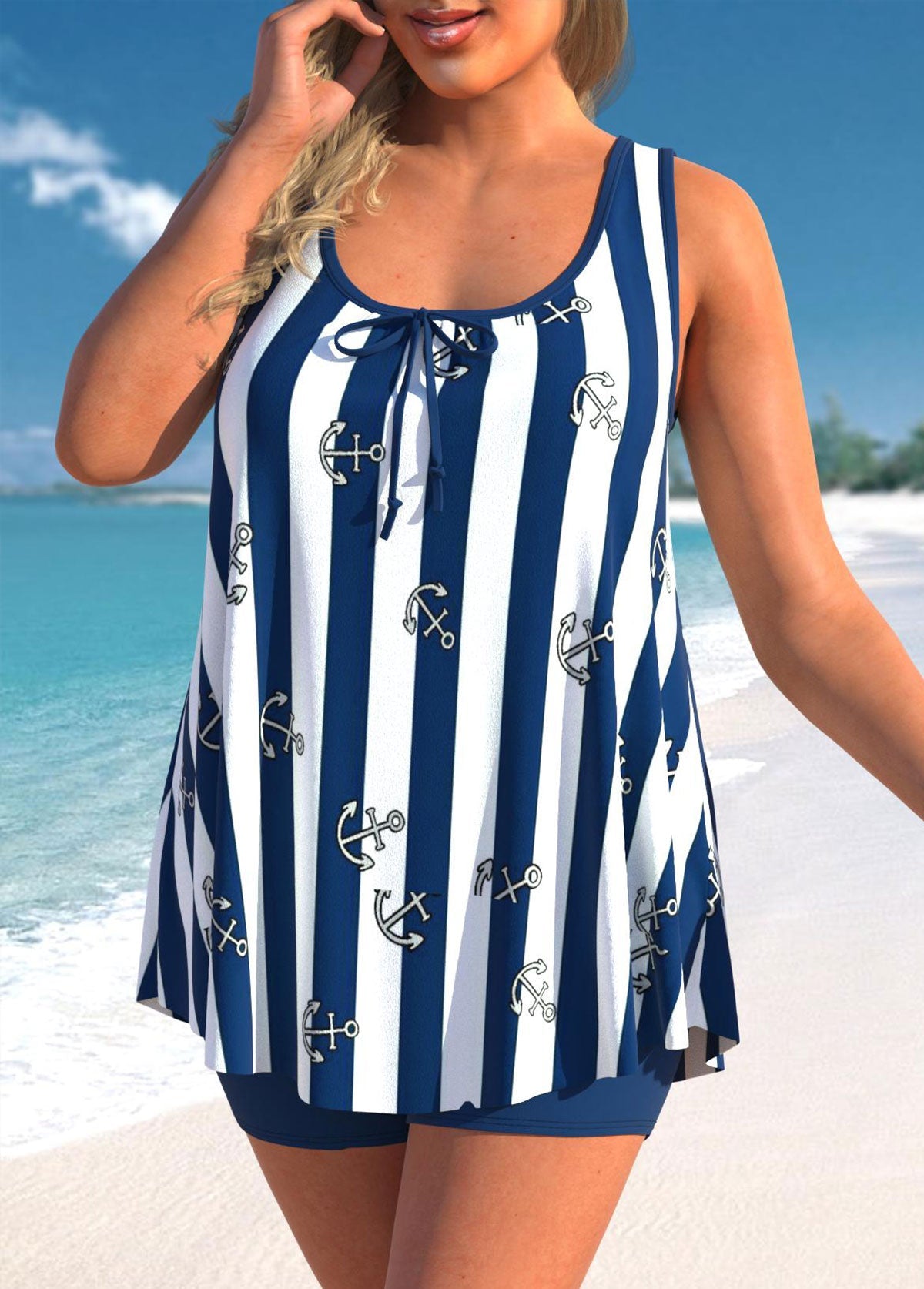 Striped Navy Blue Bowknot Plus Size Tankini Set