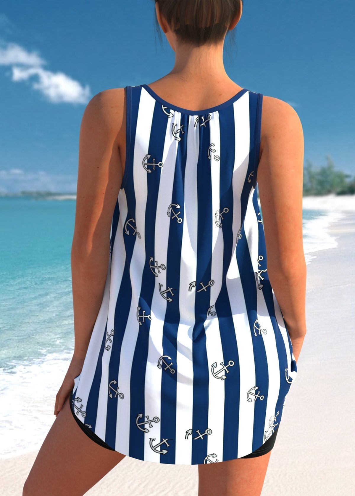 Striped Navy Blue Bowknot Plus Size Tankini Set