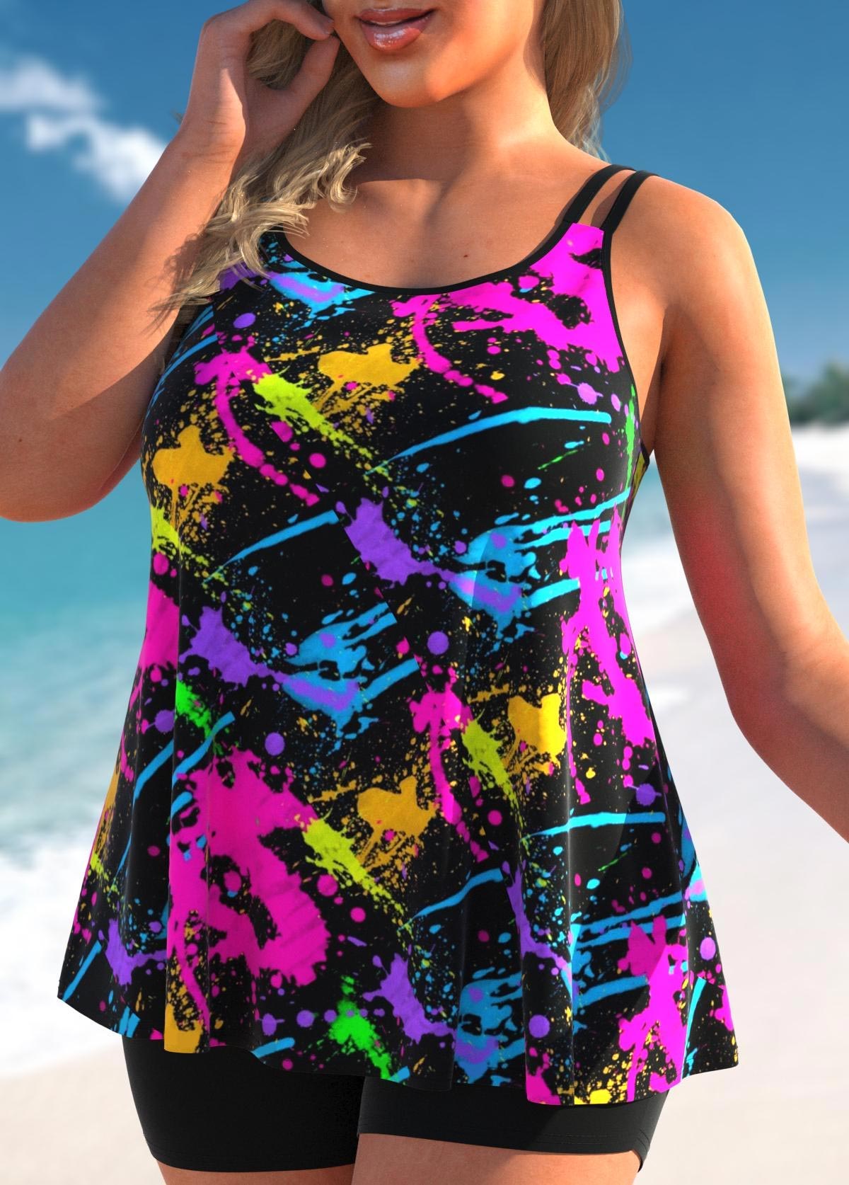 Plus Size Graffiti Print Black Tankini Set