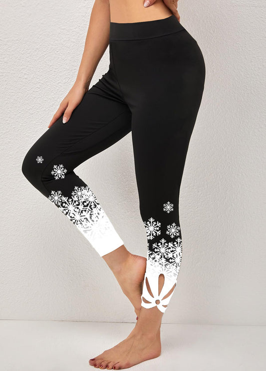 Black Snowflake Print High Waisted Leggings