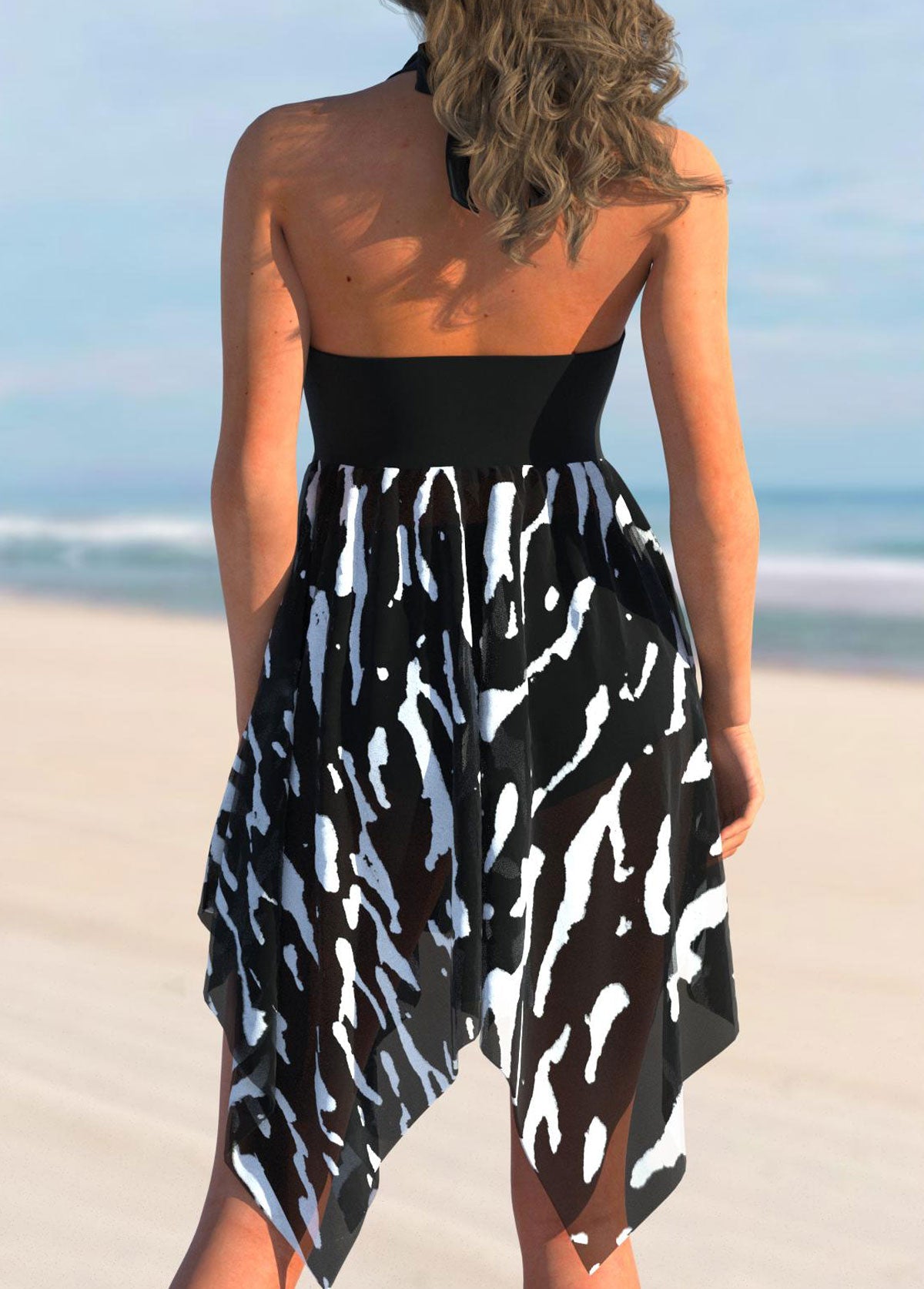 Asymmetric Hem Brushstroke Print Color Block Swimdress