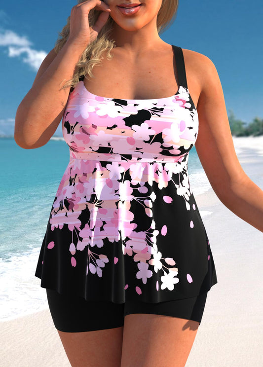 Floral Print Wide Strap Pink Tankini Set