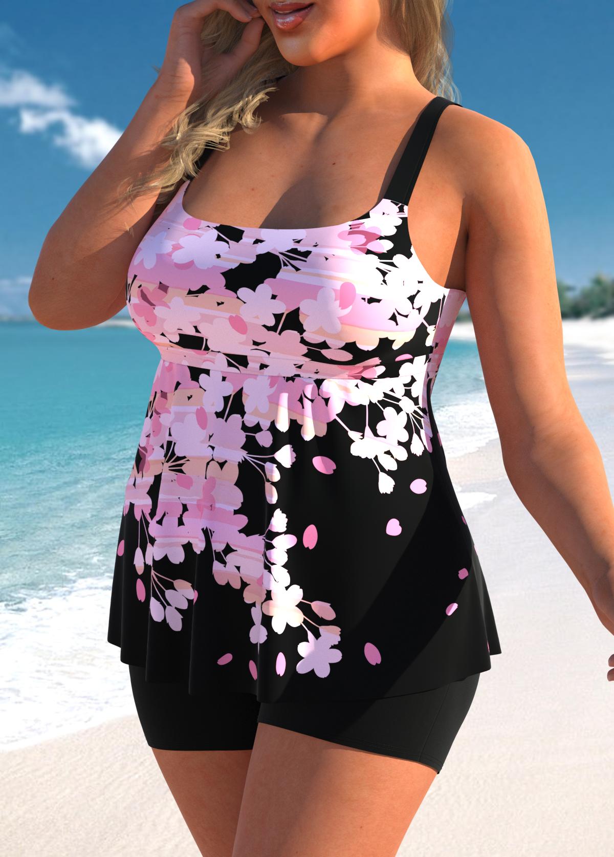 Floral Print Wide Strap Pink Tankini Set